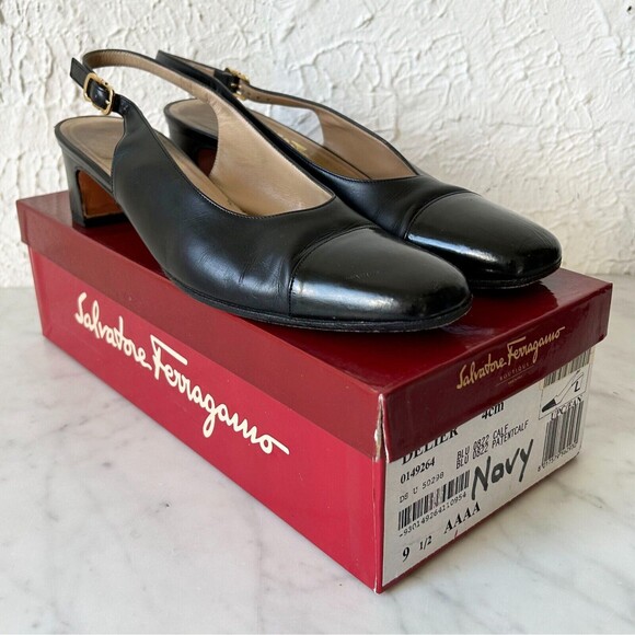 Salvatore Ferragamo Navy Blue Leather Cap Toe Slingback Delier in Box-9.5AAA - Picture 7 of 10